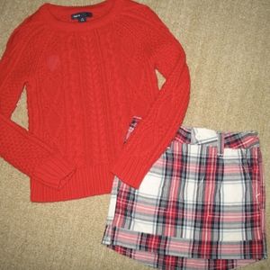 GAP 2pc Red cable sweater XS 4 5 Plaid skirt sz 4